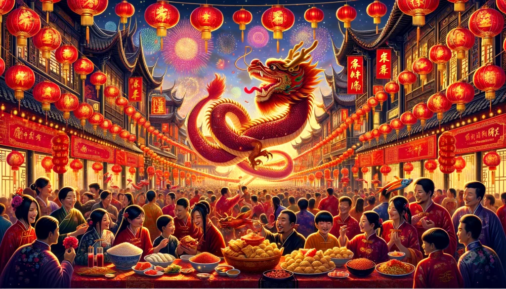 Illustration of the Chinese New Year celebration featuring a golden dragon, red lanterns, fireworks, and joyful people engaging in traditional festivities.