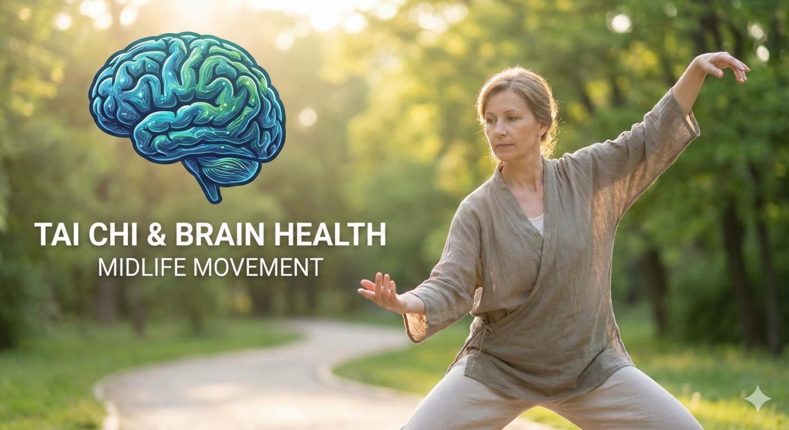 Woman practicing Tai Chi outdoors in nature, demonstrating mindful movement for brain health and cognitive wellness in midlife