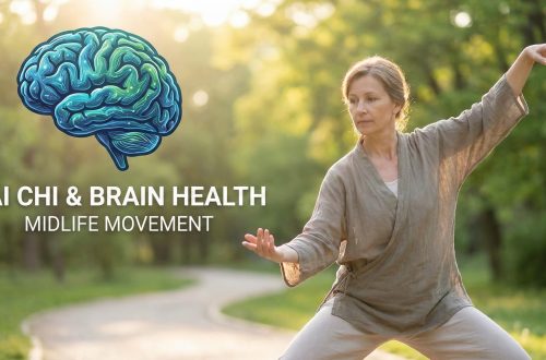 Woman practicing Tai Chi outdoors in nature, demonstrating mindful movement for brain health and cognitive wellness in midlife